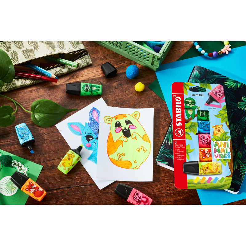 Zvýrazňovač STABILO BOSS MINI Animal Vibes 5 ks – neonové barvy
